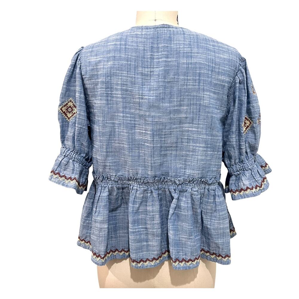 FREE PEOPLE Tallulah Embroidered Chambray Puff Sleeve Cropped Top Size S - Picture 7 of 13